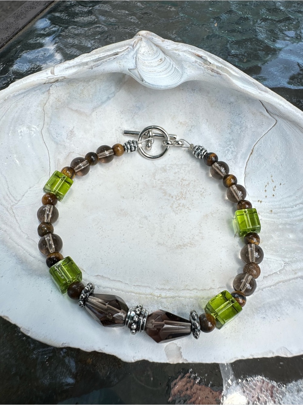 Green Cube and Smoky Quartz Bead Bracelet - Women's Jewelry